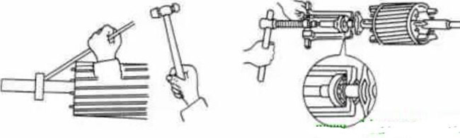 圖1-1-3使用拉拔器拆卸軸承。圖1-1-4取下軸承的絲錐